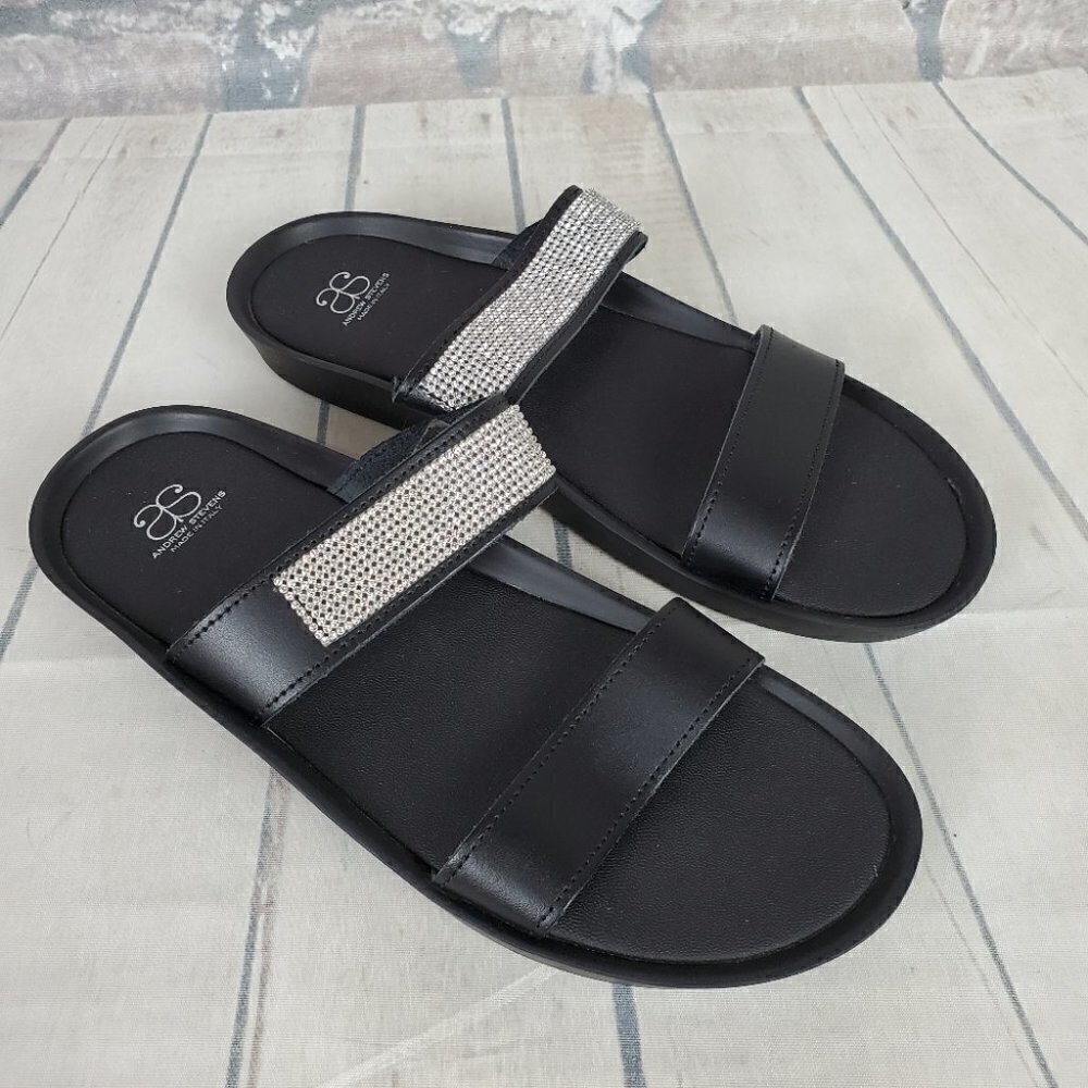 Andrew Stevens Leather Slides Crystal Embellished Black Size 40 Italy